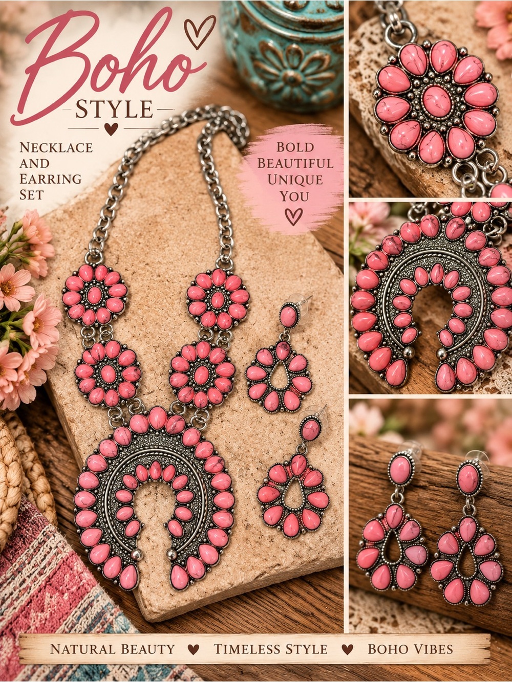 Boho Salmon Floral Statement Necklace & Earring Set